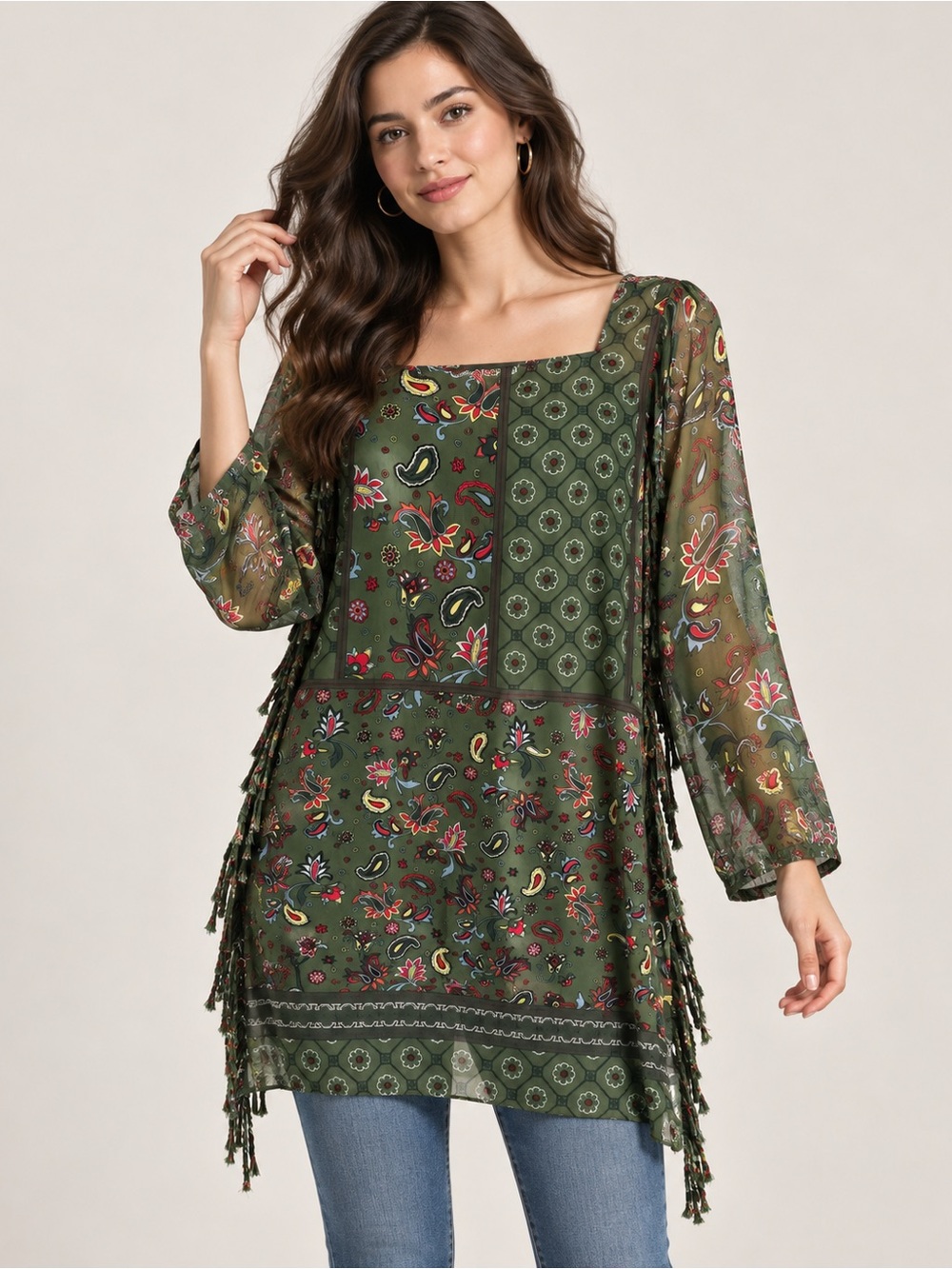Zara Olive Green Floral Patchwork Square-Neck Tunic